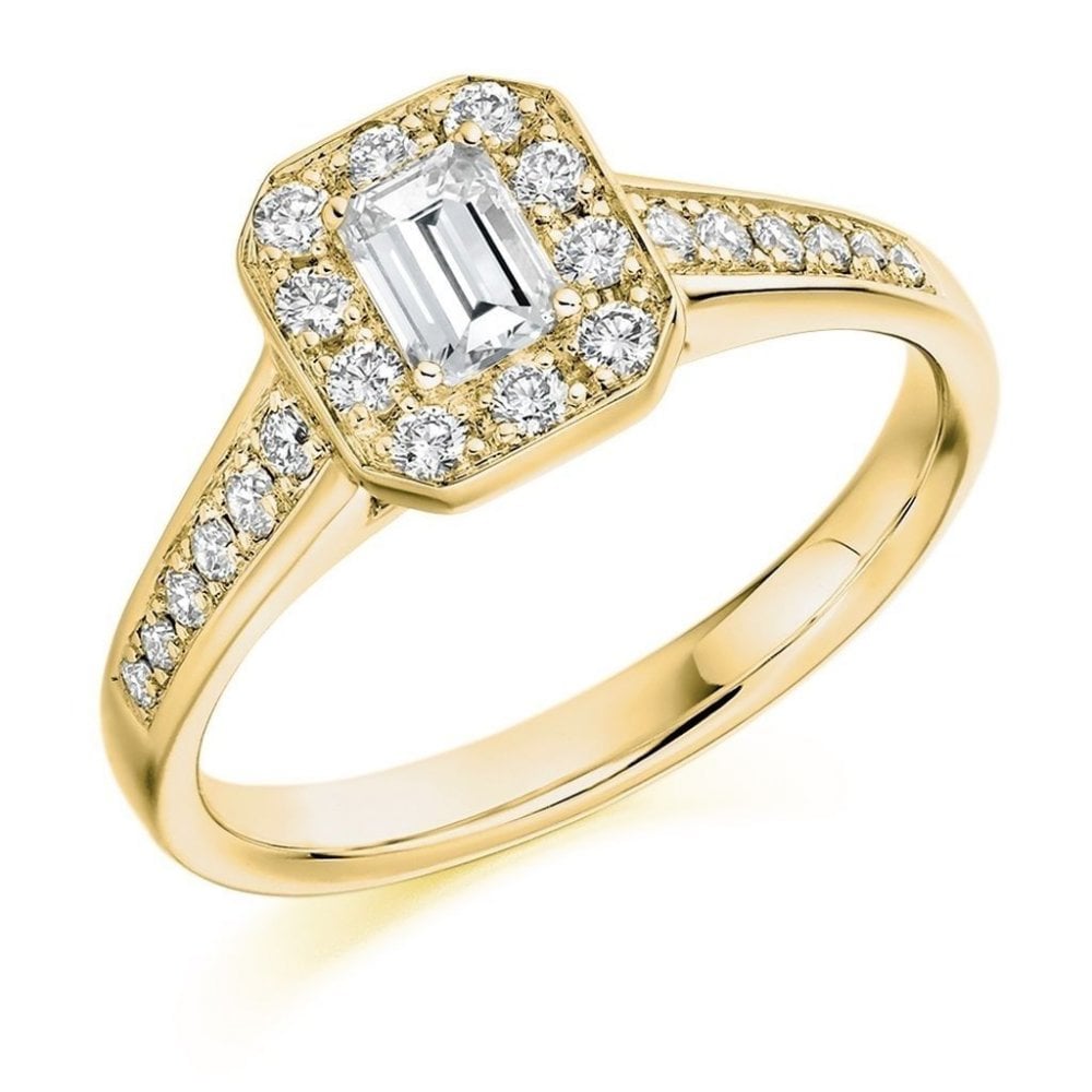 18ct yellow gold 0.30ct D VS2 GIA emerald cut diamond halo ring