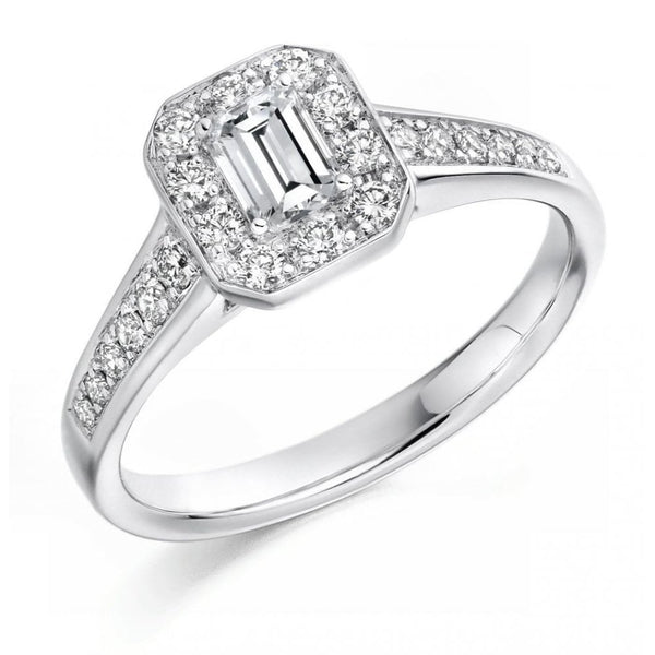 Platinum 0.30ct D VS1 GIA emerald cut diamond halo ring
