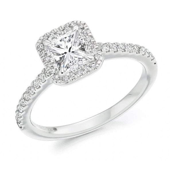 Platinum 0.70ct F VVS2 GIA radiant cut diamond halo ring