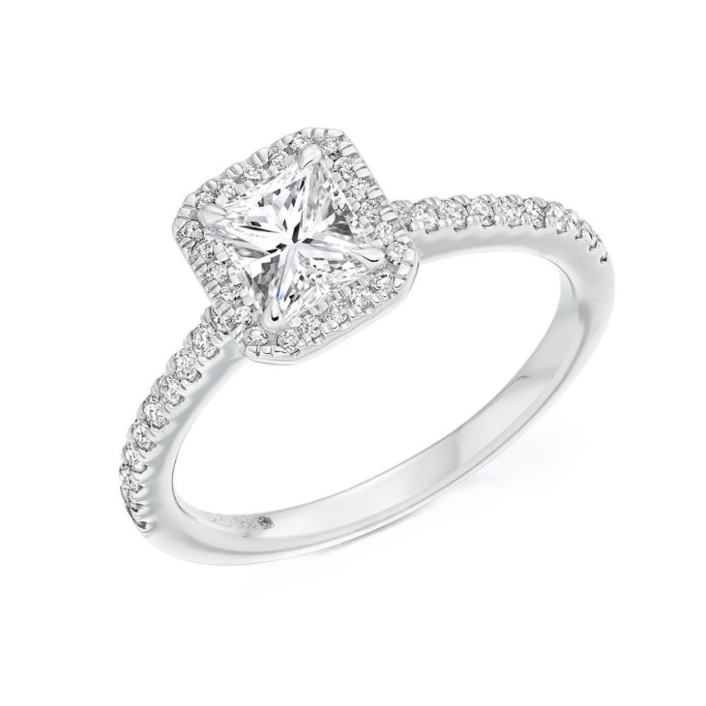 Platinum 0.56ct E VS2 GIA radiant cut diamond halo ring