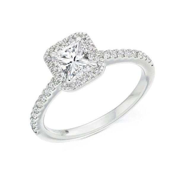 Platinum 0.56ct E VS2 GIA radiant cut diamond halo ring