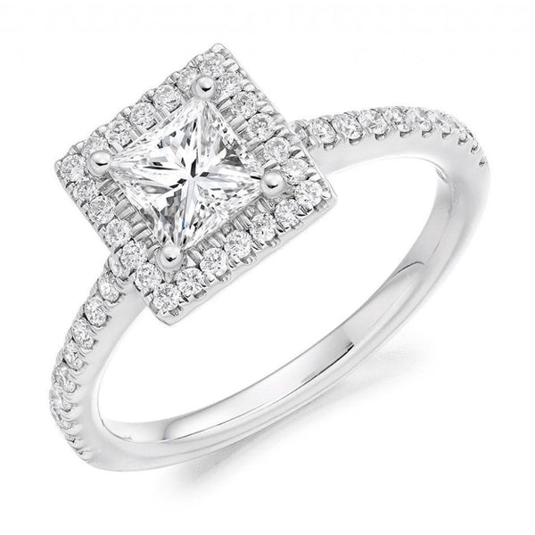 Platinum 0.50ct E VS2 IGI princess cut diamond halo ring