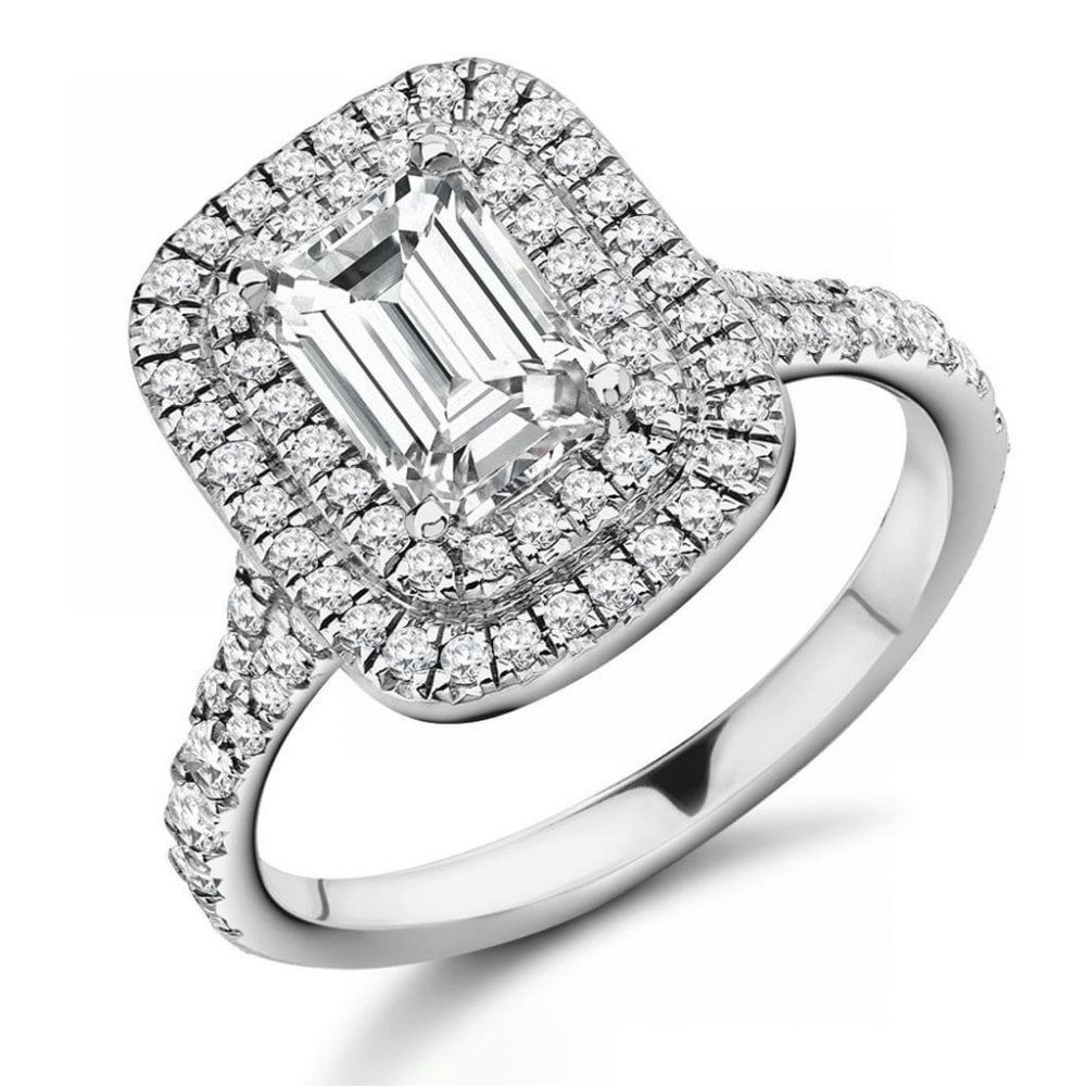 Platinum 1.01ct G VVS1 GIA emerald cut diamond double halo ring