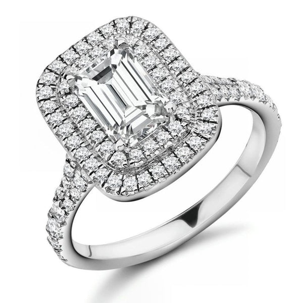 Platinum 1.01ct G VVS1 GIA emerald cut diamond double halo ring