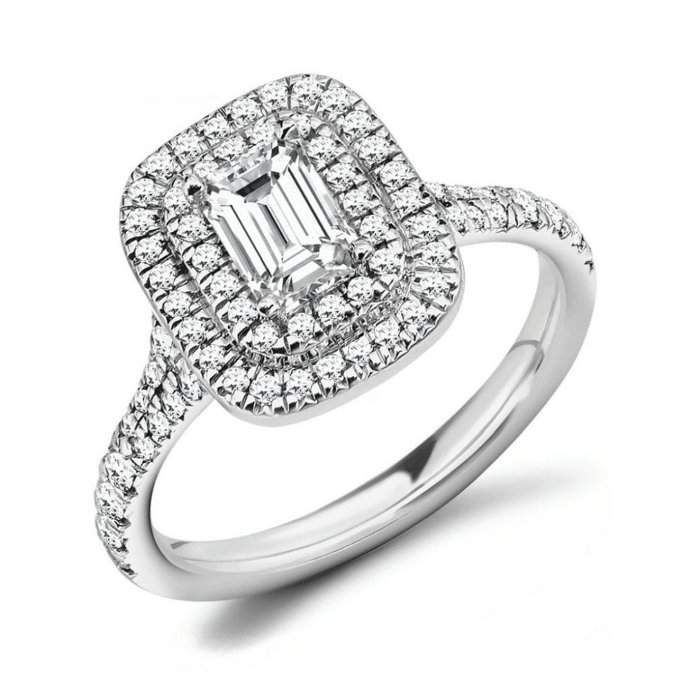 Platinum 0.51ct E VVS1 GIA emerald cut diamond double halo ring