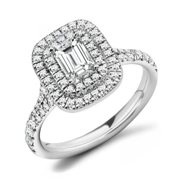 Platinum 0.51ct E VVS1 GIA emerald cut diamond double halo ring