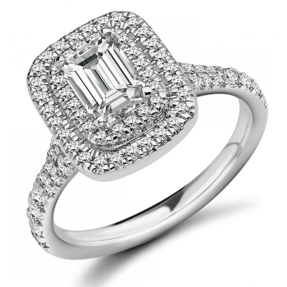 Platinum 0.71ct D VS1 GIA emerald cut diamond double halo ring