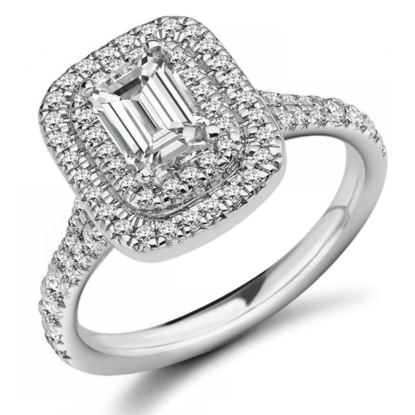 Platinum 0.71ct D VS1 GIA emerald cut diamond double halo ring