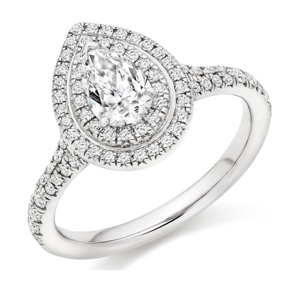 Platinum 0.58ct F SI1 IGI pear cut diamond double halo ring