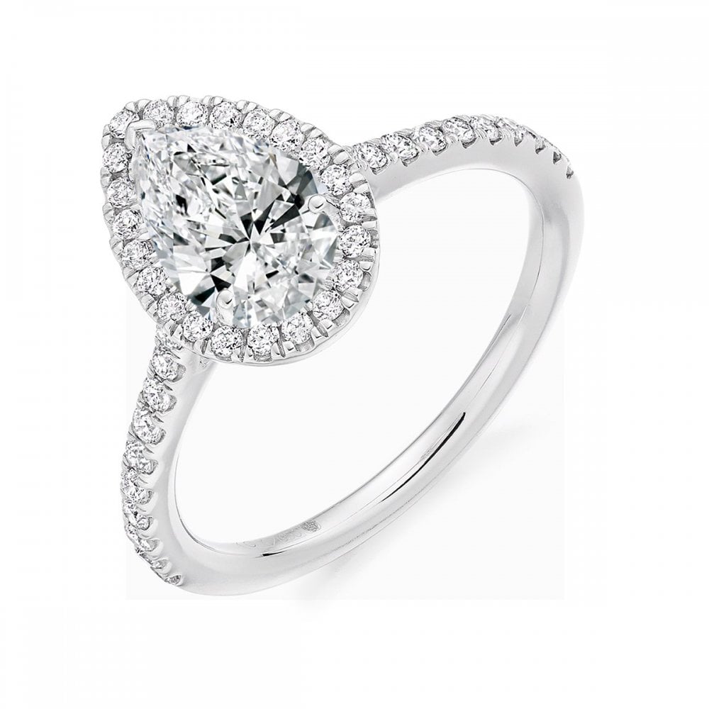 Platinum 1.00ct E VS2 GIA pear cut diamond halo ring