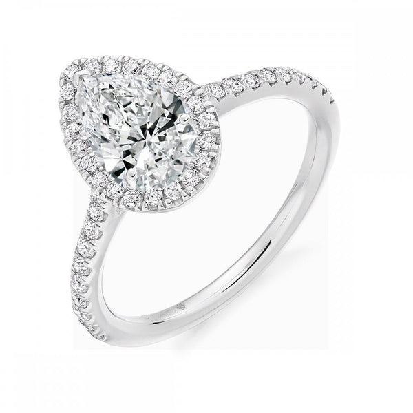 Platinum 1.00ct E VS2 GIA pear cut diamond halo ring