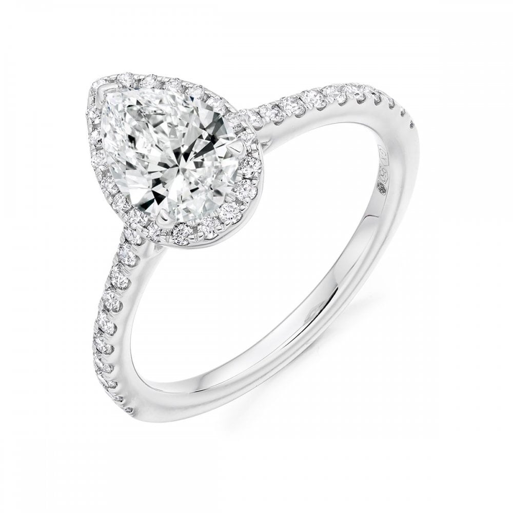 Platinum 0.70ct F VS1 GIA pear cut diamond halo ring