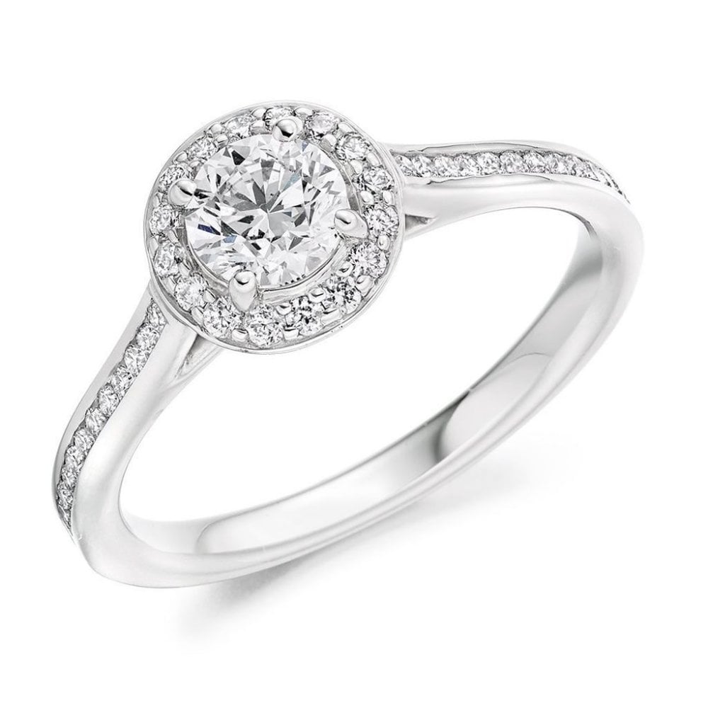 Platinum 0.50ct E VS1 IGI round brilliant cut diamond halo ring