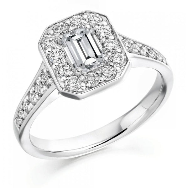 Platinum 0.70ct D VS1 GIA emerald cut diamond halo ring