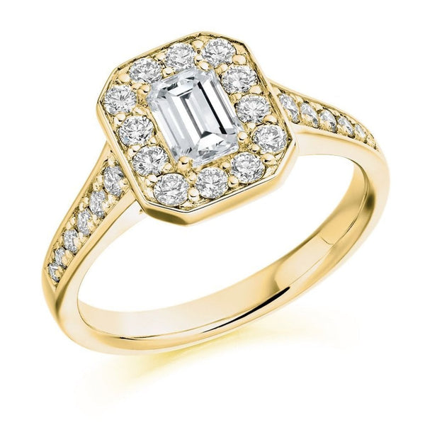 18ct yellow gold 0.75ct H VS2 IGI emerald cut diamond halo ring