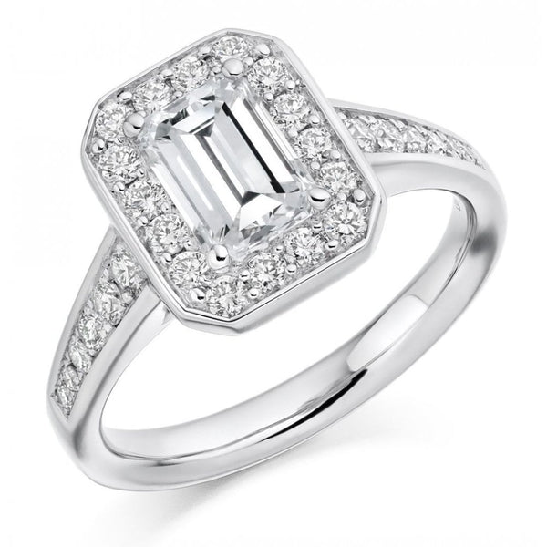 Platinum 1.00ct D VS1 GIA emerald cut diamond halo ring
