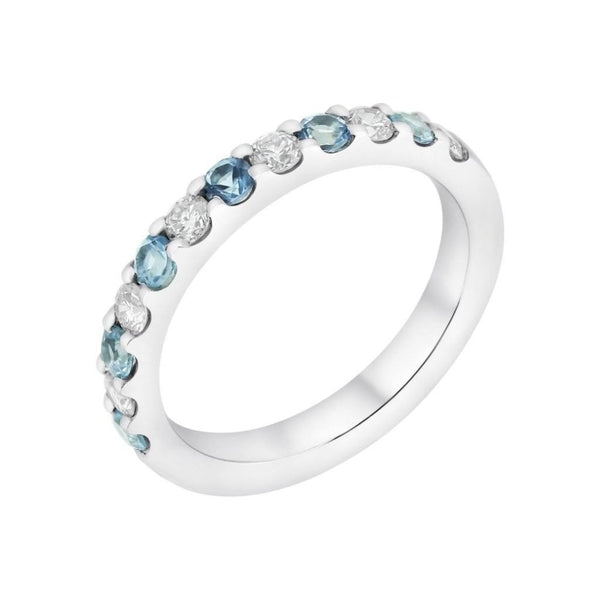 Platinum 0.37ct aquamarine & 0.37ct diamond half eternity ring