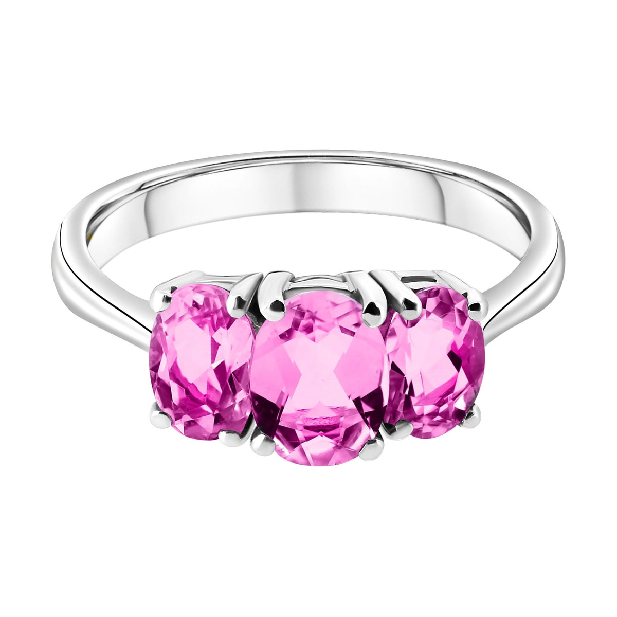 9ct white gold 7x5mm & 6x4mm oval pink topaz 3 stone ring