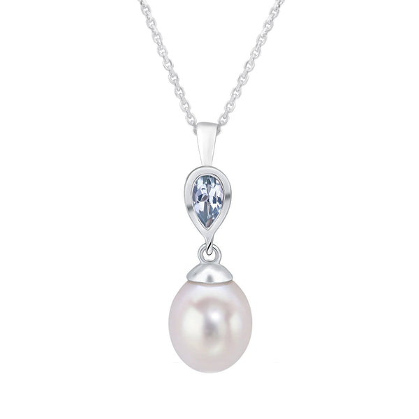 9ct white gold 0.17ct aquamarine & freshwater pearl drop pendant
