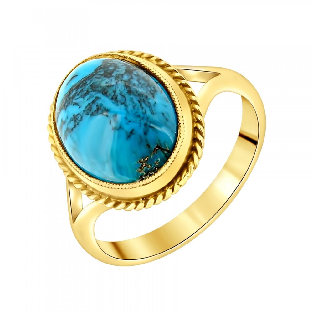 9ct yellow gold 14mm x 10mm oval turquoise matrix ring