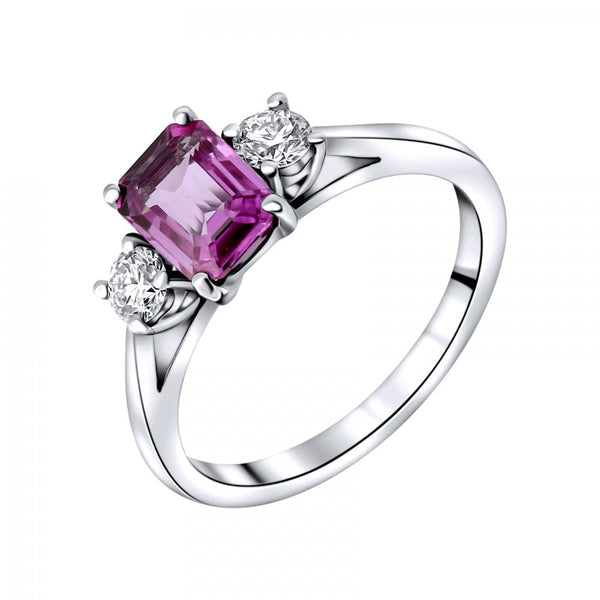 Platinum 0.96ct pink sapphire & 0.30ct diamond 3 stone ring