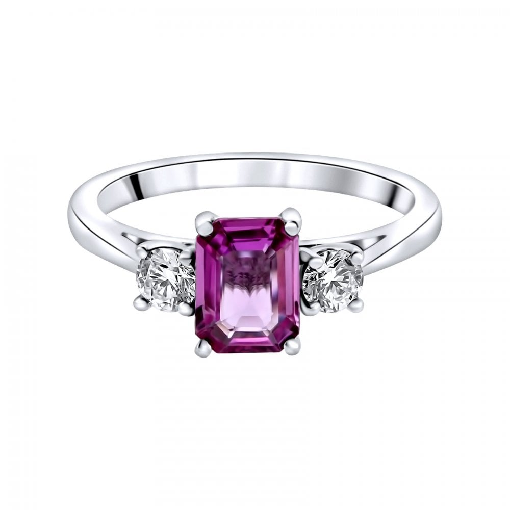 Platinum 0.96ct pink sapphire & 0.30ct diamond 3 stone ring