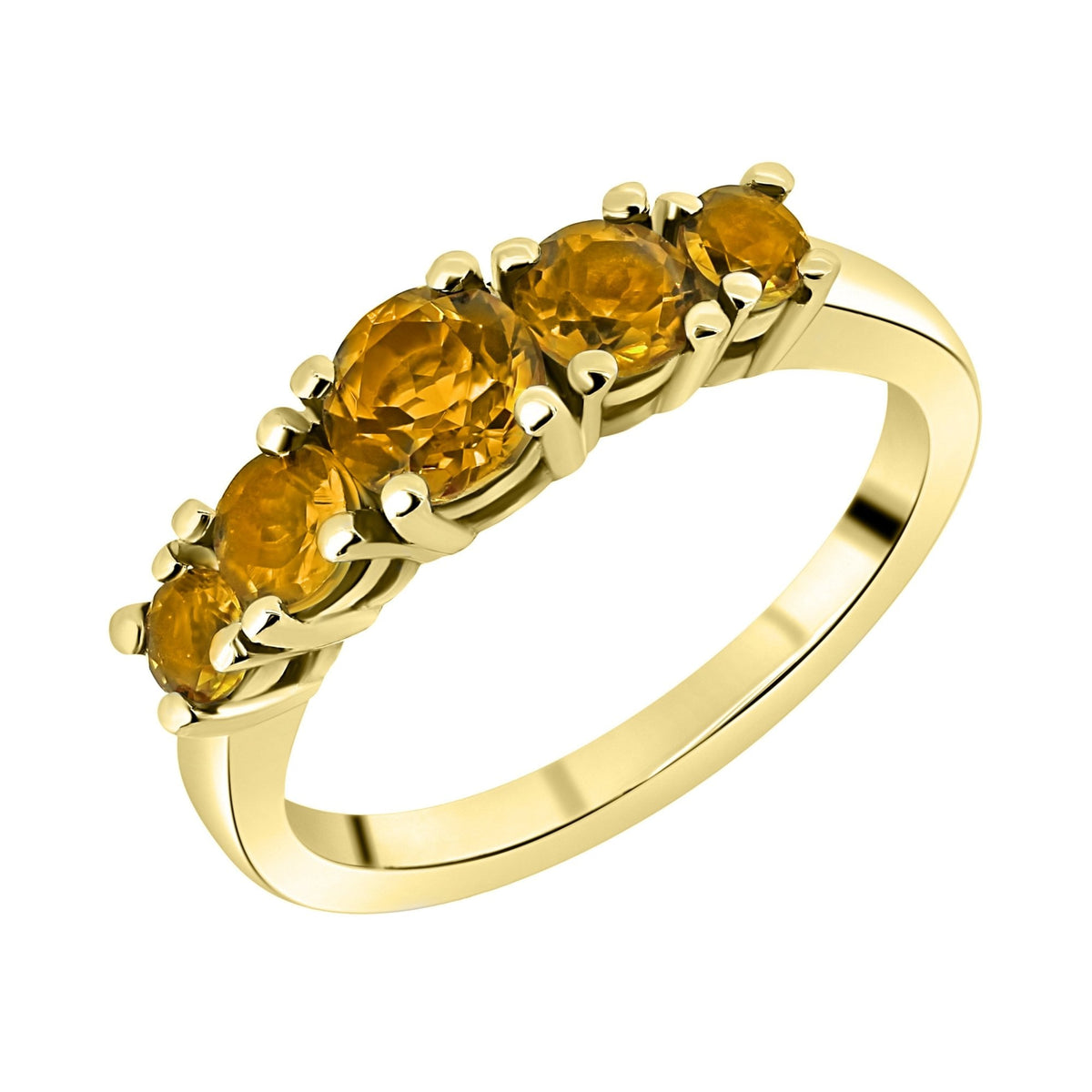 9ct yellow gold 5mm, 4mm & 3mm round cirtrine 5 stone ring