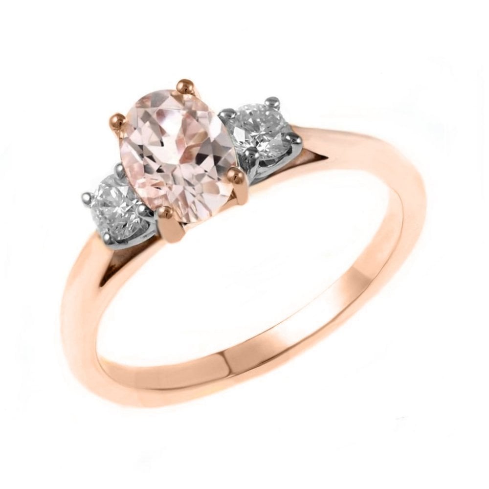18ct rose gold 0.76ct morganite & 0.25ct diamond 3 stone ring