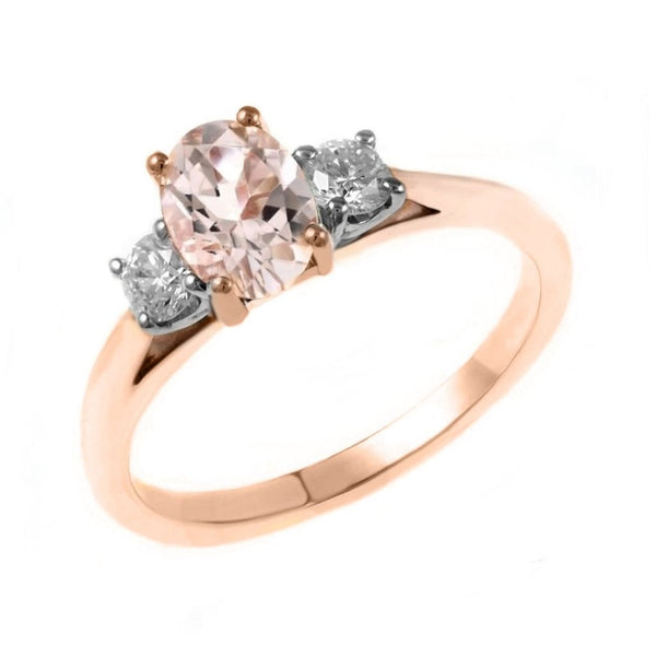 18ct rose gold 0.76ct morganite & 0.25ct diamond 3 stone ring