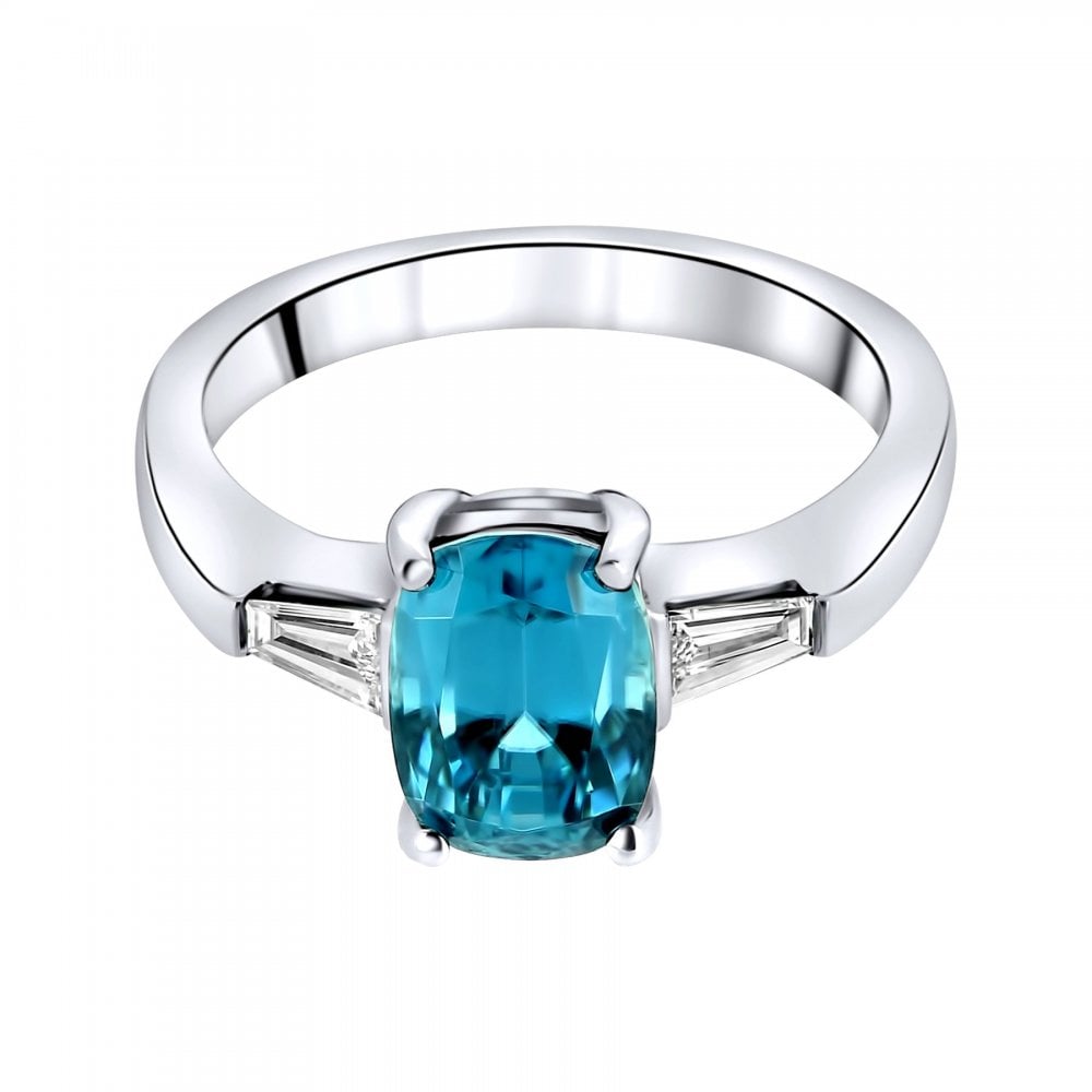 18ct white gold 3.73ct blue zircon & 0.23ct diamond 3 stone ring
