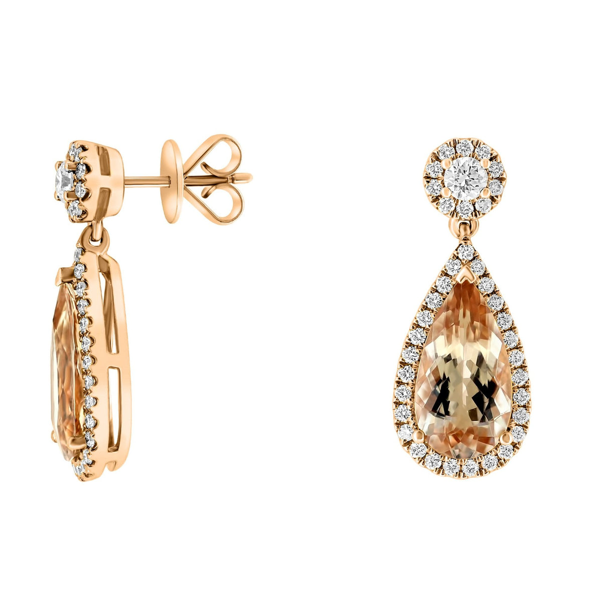 18ct rose gold 4.17ct morganite & 0.80ct diamond drop earrings