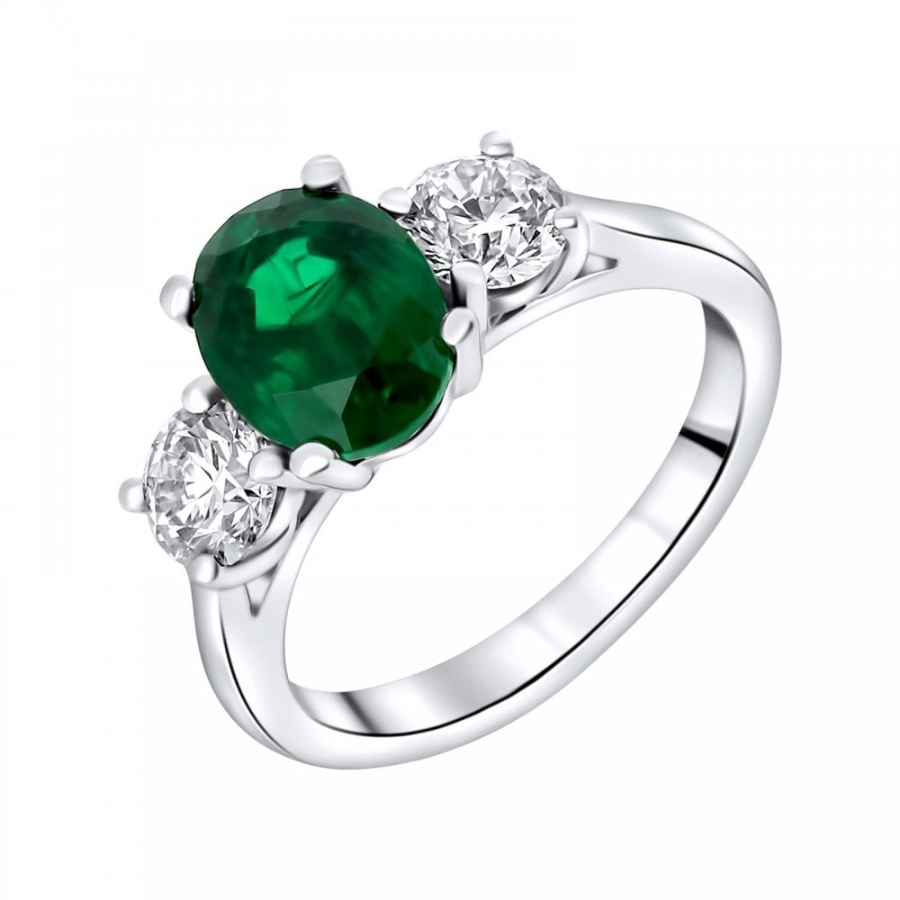 Platinum 2.07ct emerald & 1.00ct diamond 3 stone ring