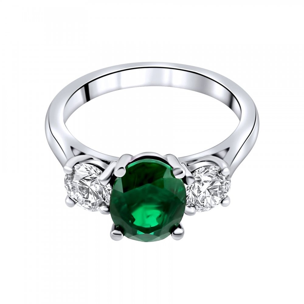 Platinum 2.07ct emerald & 1.00ct diamond 3 stone ring