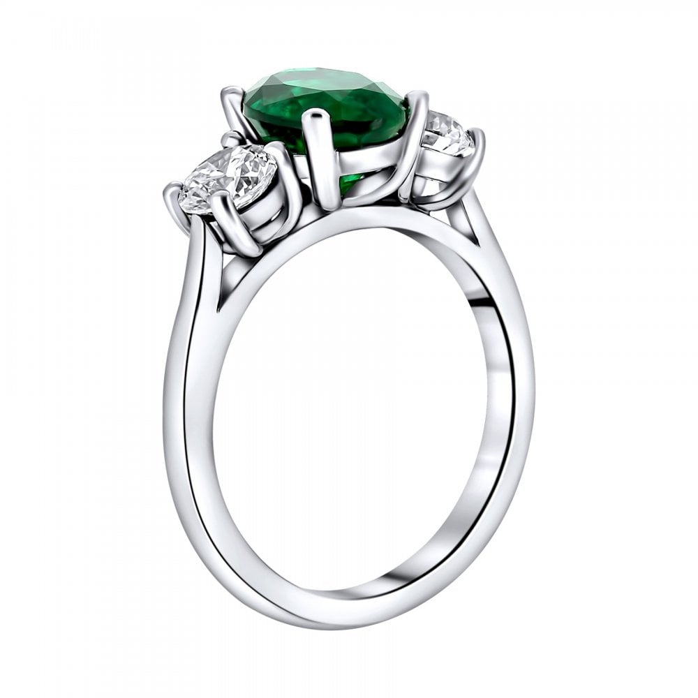 Platinum 2.07ct emerald & 1.00ct diamond 3 stone ring