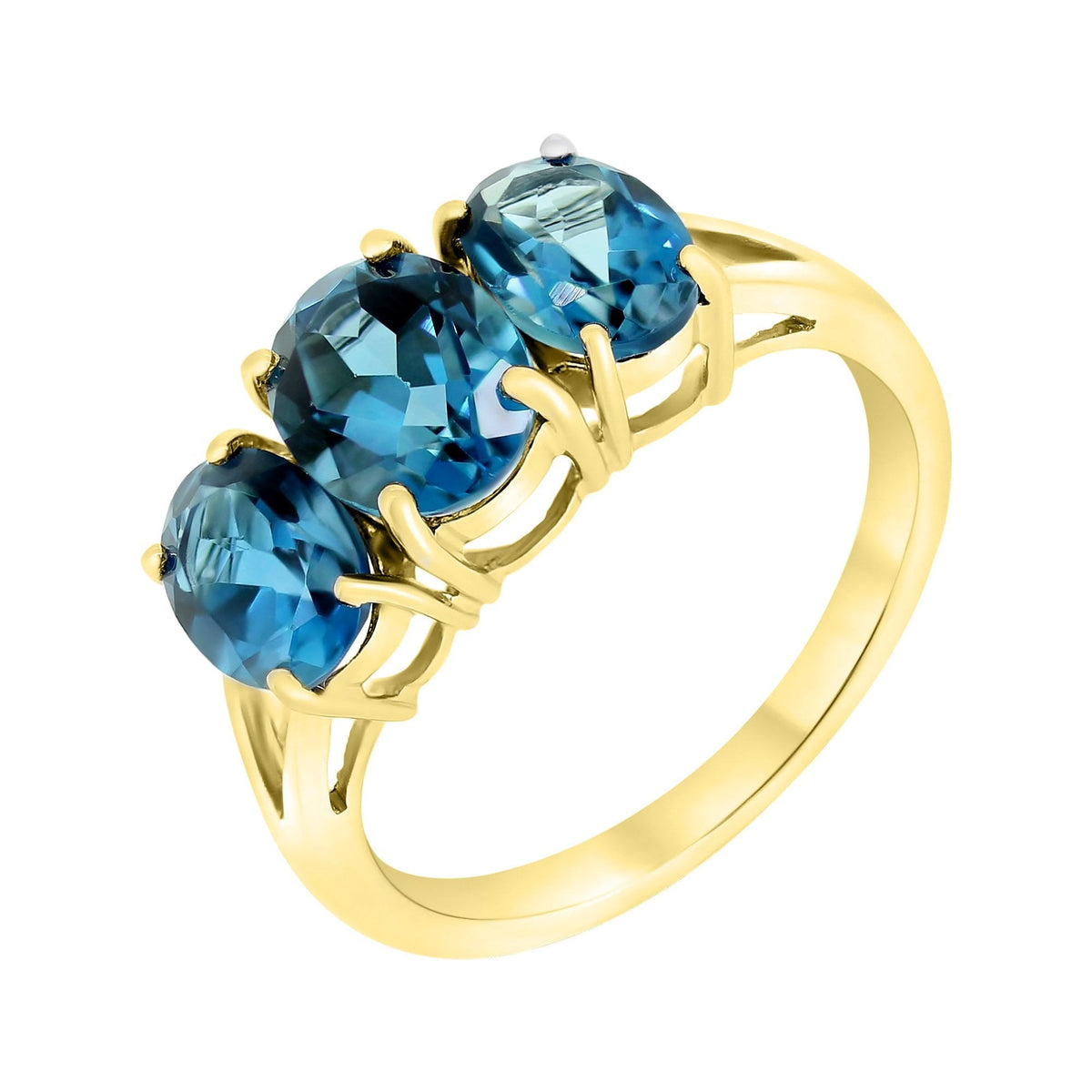 9ct yellow gold 3.40ct London blue topaz graduated 3 stone ring