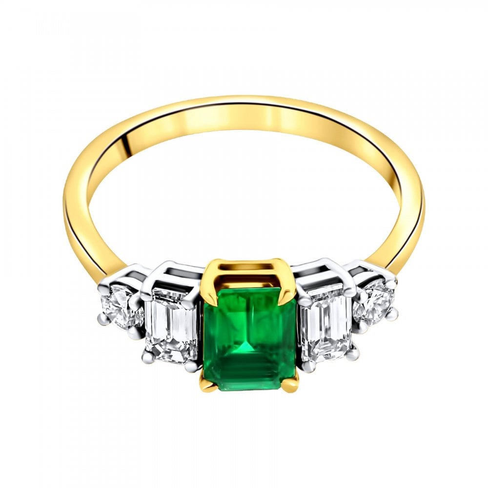 18ct yellow gold 0.91ct emerald & 0.84ct diamond 5 stone ring