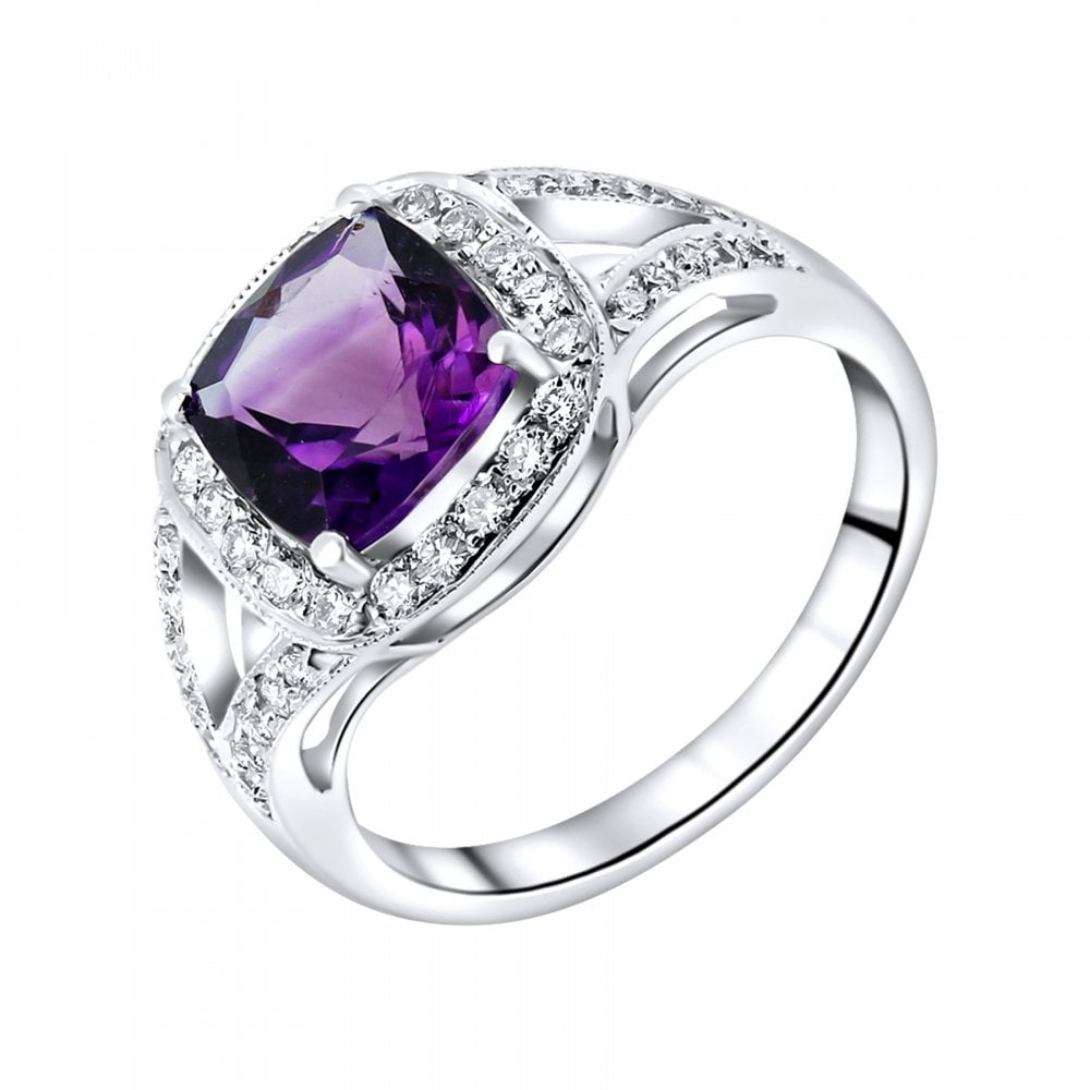 18ct white gold 2.07ct amethyst & 0.45ct diamond cluster ring