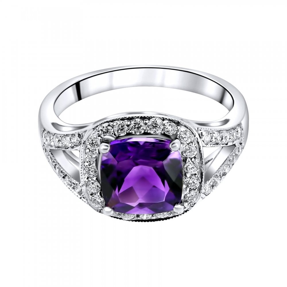 18ct white gold 2.07ct amethyst & 0.45ct diamond cluster ring