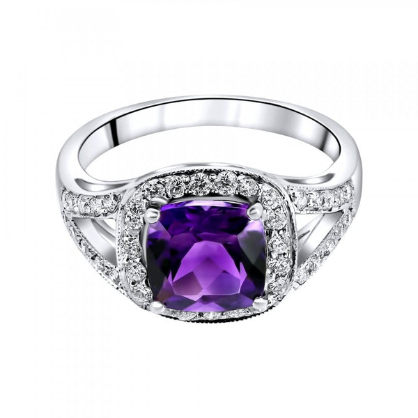 18ct white gold 2.07ct amethyst & 0.45ct diamond cluster ring