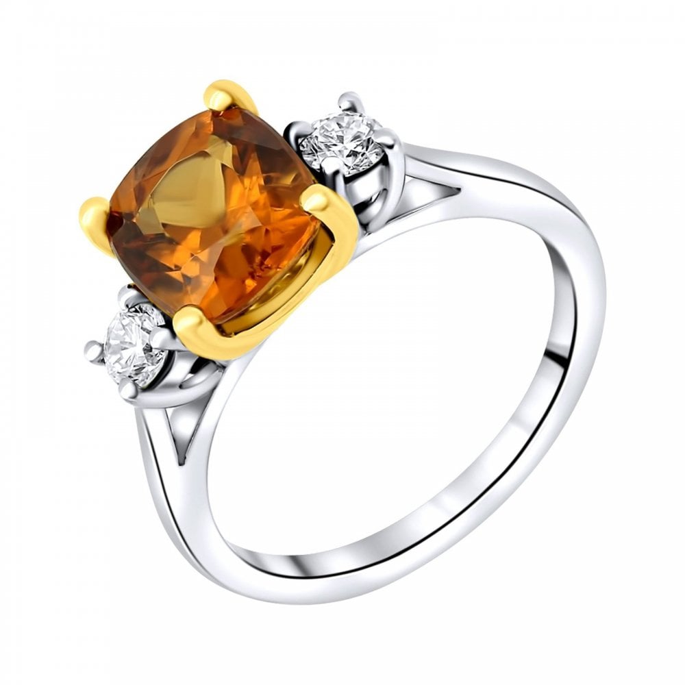 Platinum 3.37ct manderin garnet & 0.29ct diamond 3 stone ring
