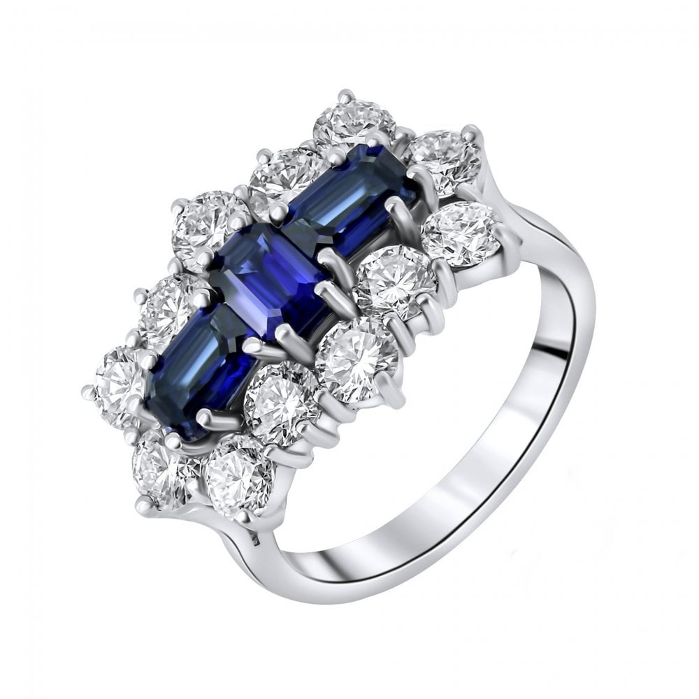 Platinum 1.79ct sapphire & 2.43ct diamond baguette cluster ring