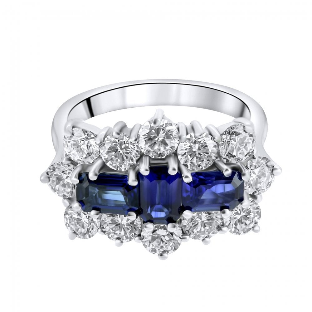 Platinum 1.79ct sapphire & 2.43ct diamond baguette cluster ring