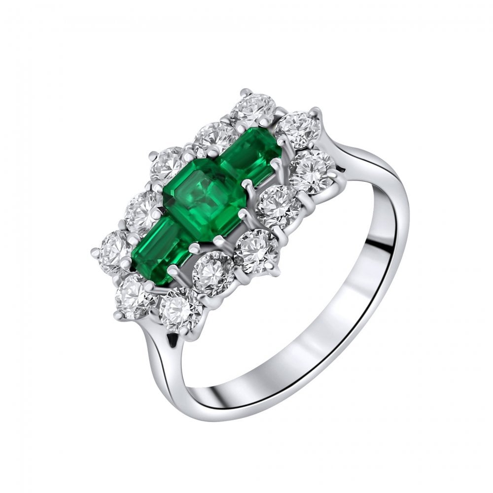 Platinum 0.87ct Emerald & 1.22ct Diamond Baguette Cluster Ring