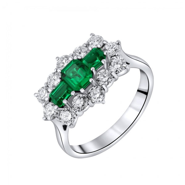 Platinum 0.87ct Emerald & 1.22ct Diamond Baguette Cluster Ring