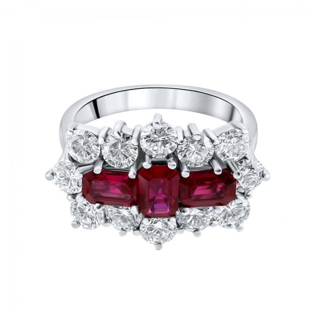 Platinum 1.48ct Ruby & 2.41ct Diamond Baguette Cluster Ring