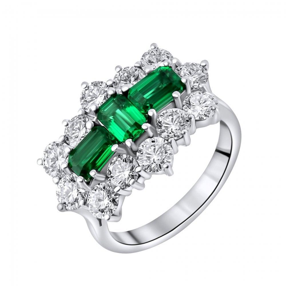 Platinum 1.55ct emerald & 2.45ct diamond baguette cluster ring