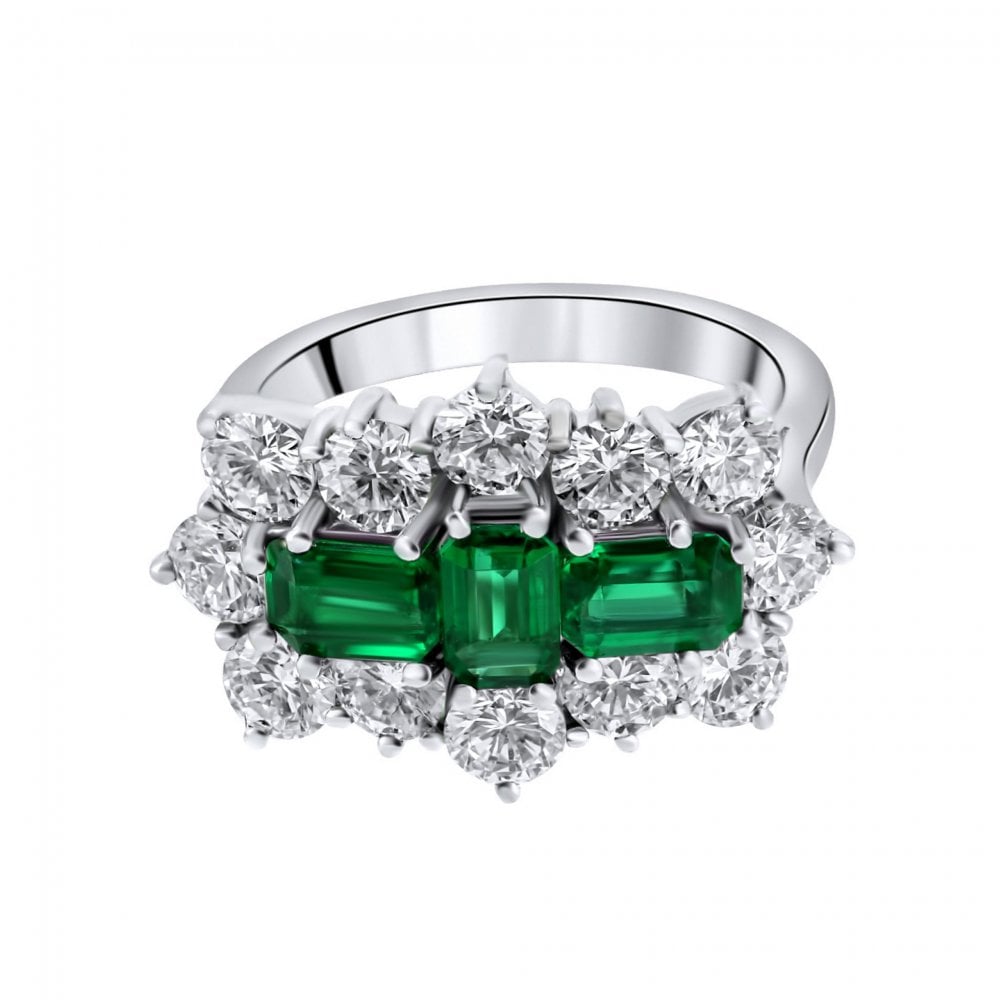 Platinum 1.55ct emerald & 2.45ct diamond baguette cluster ring