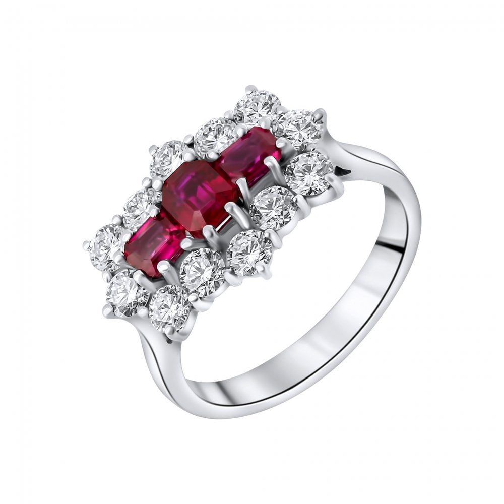 Platinum 0.93ct ruby & 1.22ct diamond baguette cluster ring