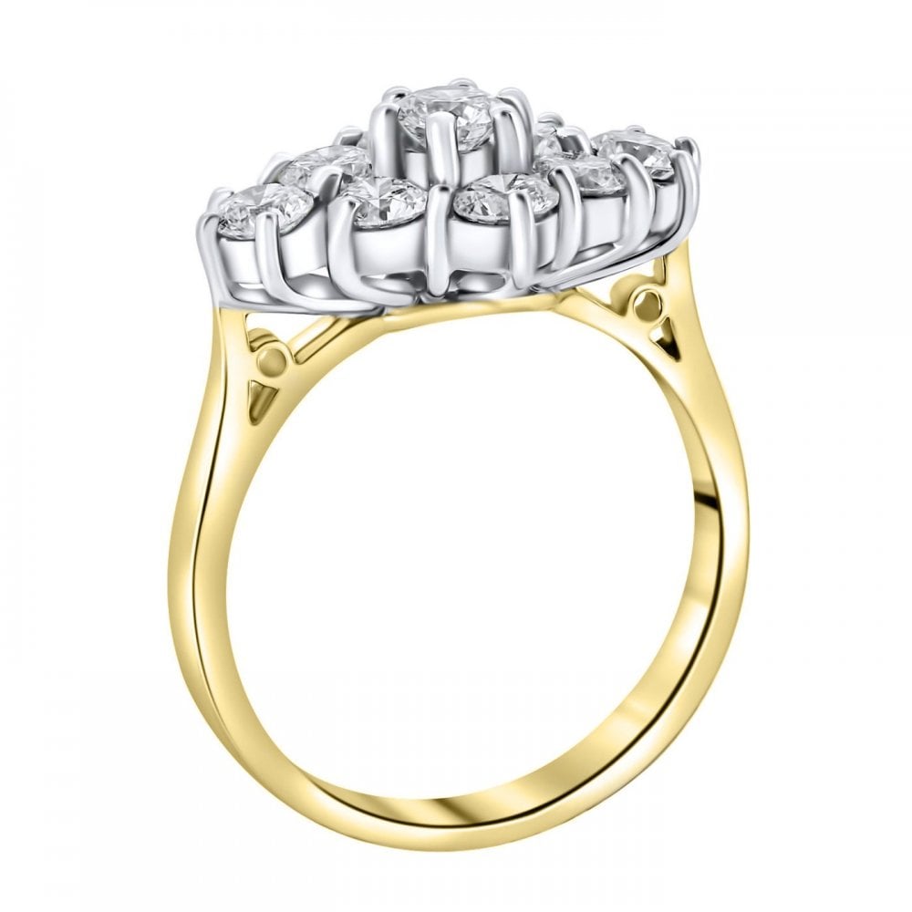 18ct yellow gold 1.52ct boat shape diamond cluster ring