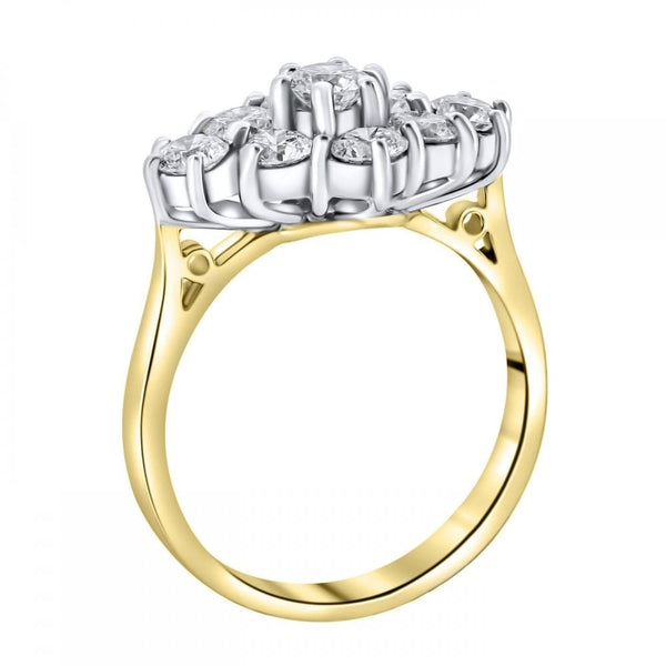 18ct yellow gold 1.52ct boat shape diamond cluster ring
